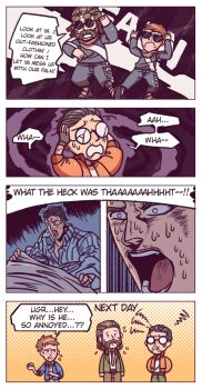 3boys black_gloves black_hair blazer blue_jacket brown_hair collared_shirt commentary_request cuno disco_elysium english_text eyewear_on_head facial_hair fingerless_gloves glasses gloves green_jacket hair_slicked_back harry_du_bois jacket kim_kitsuragi matching_outfits multiple_boys mutton_chops necktie red_necktie shirt short_hair sunglasses wenny02 white_shirt