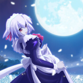 1girl apron commentary_request dress field flower flower_field from_side full_moon happy_go_lucky_(happymoonlight) juliet_sleeves kotonomiya_yuki leaning_back long_sleeves maid maid_headdress moon night open_mouth outdoors petals puffy_sleeves purple_hair red_eyes revision short_hair skirt_hold solo suigetsu tsurime