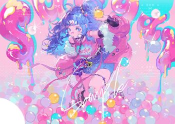 1girl ahoge arm_warmers asymmetrical_legwear ball ball_pit bandaid bandaid_on_cheek bandaid_on_face bandaid_on_nose belt black_belt black_choker black_socks blue_eyes blue_hair blue_skirt boots chain check_copyright choker closed_mouth copyright_request denim denim_skirt english_text eyelashes full_body fur-trimmed_boots fur-trimmed_jacket fur_trim graffiti hand_up high_side_ponytail highres holding holding_ball horns jacket jacket_partially_removed knee_boots kneehighs light_frown long_hair long_sleeves looking_at_viewer miniskirt neck_hold original pink_background pink_boots pink_jacket pink_socks pink_tank_top polka_dot polka_dot_background ponytail_holder sample_watermark single_arm_warmer single_horn single_kneehigh single_sock skirt socks solo streetwear striped_clothes striped_socks tank_top two-tone_socks watermark white_horns y2k_fashion yunouou10
