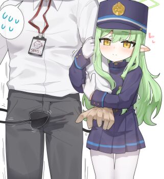 1boy 1girl absurdres blue_archive blush commentary_request doodle_sensei_(blue_archive) flying_sweatdrops freehoney gloves green_hair halo hat highres hikari_(blue_archive) loli long_hair paid_reward_available pantyhose pointy_ears sensei_(blue_archive) skirt tail white_gloves