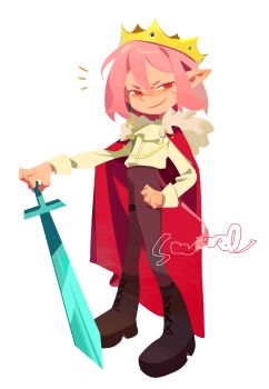 1boy absurdres androgynous ascot boots brown_boots brown_pants cape commission crown deformed dream_smp earrings flat_color full_body fur-trimmed_cape fur_trim gold_crown hair_between_eyes hand_on_own_hip highres holding holding_sword holding_weapon humanization jewelry long_hair long_sleeves looking_at_viewer male_focus mihuashi_commission minecraft_sword minecraft_youtube no_lineart notice_lines pants pink_hair pointed_crown pointy_ears red_cape red_eyes sample_watermark scar shirt short_hair simple_background single_earring solo standing sword tail technoblade toon_(style) wa_guagua watermark weapon white_ascot white_background white_shirt