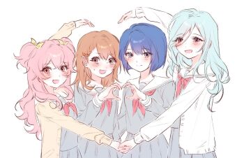 4girls :d blue_eyes blue_hair blush bob_cut braid breasts brown_hair cardigan closed_mouth commentary_request cowboy_shot crossed_bangs flower girl_sandwich grey_eyes grey_serafuku grey_shirt grey_skirt hair_behind_ear hair_between_eyes hair_flower hair_ornament hair_ribbon hanasato_minori heart heart_arms heart_arms_duo heart_hands heart_hands_duo highres hinomori_shizuku holding_hands kiritani_haruka komeng_64 korean_commentary long_hair long_sleeves looking_at_viewer miyamasuzaka_girls'_academy_school_uniform mole mole_under_mouth momoi_airi more_more_jump!_(project_sekai) multiple_girls neckerchief open_cardigan open_clothes open_mouth pink_eyes pink_hair pleated_skirt project_sekai red_neckerchief ribbon sailor_collar sandwiched school_uniform serafuku shirt short_hair side_braid sidelocks simple_background skirt small_breasts smile sweatdrop two_side_up white_background white_cardigan white_sailor_collar yellow_cardigan yellow_ribbon