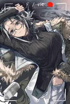 absurdres arknights black_hair blue_eyes breasts can coat coat_partially_removed commentary_request drink_can feather_hair fur-trimmed_coat fur_trim glasses green_coat green_hair highres large_breasts looking_at_viewer messy_hair okasaki_ushio_(03103335) red_pupils ribbed_sweater scar scar_on_hand semi-rimless_eyewear snegurochka_(arknights) sweater turtleneck turtleneck_sweater under-rim_eyewear white_hair