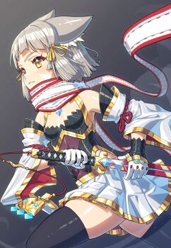 1girl adapted_costume alten animal_ears bare_shoulders black_thighhighs breasts cat_ears cat_girl closed_mouth core_crystal_(xenoblade) detached_sleeves drawing_sword gloves grey_hair highres holding holding_sheath holding_sword holding_weapon katana nia_(xenoblade) ninja pleated_skirt redrawn romaji_commentary scarf sheath short_hair skirt small_breasts solo sword thighhighs weapon white_gloves white_scarf white_skirt white_sleeves wide_sleeves xenoblade_chronicles_(series) xenoblade_chronicles_2 yellow_eyes
