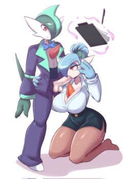 1boy 1girl alternate_color alternate_costume alternate_hairstyle blue_hair blush breasts coat fellatio fingernails full_body gallade gardevoir gen_3_pokemon gen_4_pokemon grabbing_another&#039;s_head green_hair head_grab kneeling large_breasts large_penis looking_down lucyfer mole mole_under_eye multitasking nintendo office_lady one_eye_covered oral pantyhose pen pencil_skirt penis pokemon ponytail red_eyes salaryman saliva sharp_fingernails shiny_pokemon skirt sweat telekinesis testicles uncensored waist_grab white_background
