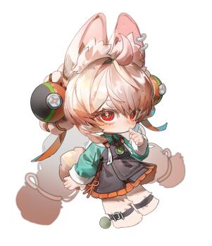1girl ahoge animal_ear_fluff animal_ear_piercing animal_ears animal_feet anklet braid braided_twintails chibi chibi_only chinese_clothes commentary english_commentary finger_to_mouth full_body furry furry_female green_shirt hand_up jewelry lian1545360 looking_at_viewer medallion pink_fur pink_hair rabbit_girl red_eyes screw shirt short_eyebrows simple_background solo thick_eyebrows white_background zenless_zone_zero zhao_(zenless_zone_zero)