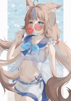 1girl ahoge animal_ear_fluff animal_ears beach blonde_hair blue_eyes blue_hair blue_nails blue_streaks candy cat_ears dress fins fish_girl fish_tail food frilled_sailor_collar frills glasses highres holding holding_candy holding_food indie_virtual_youtuber lifebuoy_hair_ornament lollipop long_hair looking_at_viewer low_twintails multicolored_hair open_clothes open_dress sailor_collar sameko_saba shorts solo streaked_hair swimsuit tail twintails very_long_hair virtual_youtuber white_shorts yuekitori
