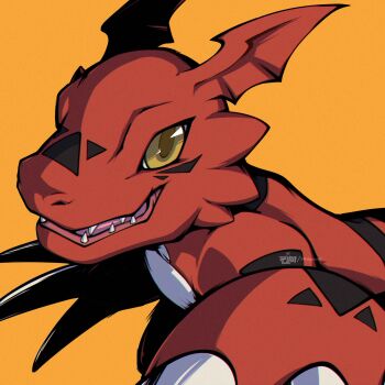 absurdres colored_skin digimon digimon_(creature) guilmon highres looking_at_viewer no_humans orange_background orange_eyes red_skin ridgeone simple_background solo upper_body