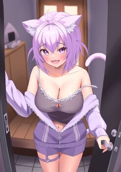 1girl :3 absurdres ahoge animal_ear_fluff animal_ears blush breasts cat_ears cat_girl cat_tail cleavage collarbone commentary door door_handle doorway entrance fang from_above from_front from_outside hair_between_eyes highres hololive kumoru_(kumoru_145) large_breasts long_sleeves looking_at_viewer navel nekomata_okayu open_mouth opening_door perspective purple_eyes purple_hair short_hair smile solo standing straight-on tail thighs virtual_youtuber
