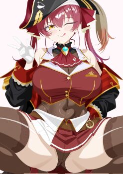1girl ascot bicorne black_coat black_hat blue_gemstone blush breasts brooch brown_leotard brown_thighhighs closed_mouth coat coat_partially_removed commentary_request covered_navel cowboy_shot gem gloves hair_between_eyes hand_up hat highres hololive houshou_marine houshou_marine_(1st_costume) jacket jewelry large_breasts leotard leotard_under_clothes licking_lips long_hair looking_at_viewer microskirt one_eye_closed orange_eyes philip98267134 red_ascot red_hair red_jacket red_skirt simple_background skirt sleeveless sleeveless_jacket smile solo spread_legs thighhighs tongue tongue_out twintails virtual_youtuber w white_gloves