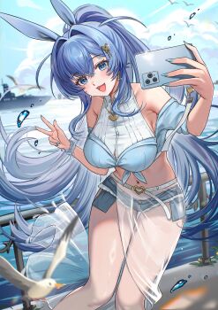 1girl absurdres animal_ears ariko_(aaaaarik) armpit_crease azur_lane bare_shoulders belt bird blue_eyes blue_hair blue_nails blue_shirt blue_shorts boat breasts butterfly_hair_ornament button_gap cellphone collared_shirt commentary crop_top cutoffs denim denim_shorts english_commentary exposed_pocket fake_animal_ears front-tie_top hair_intakes hair_ornament hand_up heart heart_necklace highres holding holding_phone jewelry large_breasts long_hair looking_at_viewer micro_shorts midriff nail_polish navel necklace new_jersey_(azur_lane) new_jersey_(private_quarters)_(azur_lane) ocean off_shoulder official_alternate_costume on_boat open_mouth phone ponytail see-through_clothes see-through_skirt selfie shirt short_sleeves shorts skirt sleeveless sleeveless_shirt smartphone smile solo stomach thighs v very_long_hair watercraft white_shirt