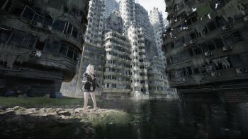 1girl abandoned absurdres animal_ears assault_rifle atmospheric_perspective black_choker black_jacket bra_strap choker cityscape denim denim_shorts from_below fujidora_jp grey_eyes grey_hair gun hair_between_eyes highres hololive hood hooded_jacket jacket lion_ears long_hair long_sidelocks loose_clothes loose_shirt muted_colors official_alternate_costume official_alternate_hairstyle overgrown panorama perspective post-apocalypse raglan_sleeves realistic rifle scenery shirt shishiro_botan shishiro_botan_(midnight_convenience_store) shorts sidelocks soaking_feet solo t-shirt torn_clothes torn_shorts virtual_youtuber weapon white_shirt