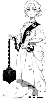 Rule 34 | 1girl, artesia som deikun, collarbone, confetti, dress, earrings, expressionless, flail, full body, gown, gundam, gundam gquuuuuux, high heels, highres, holding flail, holding weapon, ireading, jewelry, necklace, sayla mass, shadow, simple background, solo, standing, white background