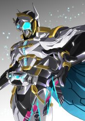 Rule 34 | 1boy, absurdres, amakawa mayu, armor, blue eyes, cape, character request, driver (kamen rider), full armor, gauntlets, glowing, glowing eyes, highres, kamen rider, kamen rider outsiders, kamen rider zein, open hand, side cape, tokusatsu, white armor