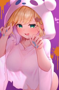 1girl animal_hood bear_hair_ornament bear_hood blonde_hair blush breasts collarbone colored_inner_hair fingernails ghost_costume green_eyes hair_behind_ear hair_ornament hairclip halloween heart highres hood kurumi_noah large_breasts leaning_forward long_sleeves looking_at_viewer medium_hair multicolored_hair nail_polish nokonata open_mouth orange_background pink_hair purple_background see-through_silhouette shirt smile solo thighs two-tone_background two-tone_hair virtual_youtuber vspo! white_hood white_shirt wide_sleeves