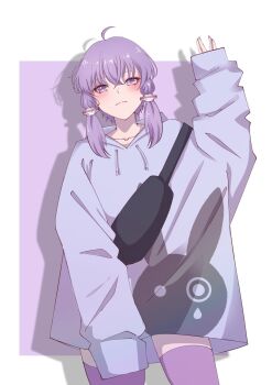 1girl alternate_costume animal_print arm_up bag closed_mouth commentary_request cowboy_shot drop_shadow fanny_pack fujifuji0330 highres hood hood_down hoodie leaning_to_the_side long_sleeves looking_at_viewer print_hoodie purple_background purple_eyes purple_hair purple_hoodie purple_thighhighs rabbit_print rectangle salute short_hair_with_long_locks shoulder_bag sleeves_past_fingers sleeves_past_wrists smile solo standing thighhighs two-tone_background voiceroid vulcan_salute white_background yuzuki_yukari zettai_ryouiki