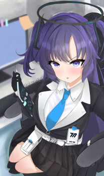 1girl black_skirt blue_archive blue_eyes blush breasts commentary_request halo highres jacket large_breasts long_hair long_sleeves looking_at_viewer mechanical_halo necktie open_mouth purple_eyes purple_hair redbean_chan shirt simple_background skirt solo two_side_up white_shirt yuuka_(blue_archive)