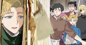 2girls 5boys apron axe black_hair black_tunic blonde_hair blue_eyes blue_jacket brown_eyes brown_shoes brown_vest capelet chi.:_chikyuu_no_undou_ni_tsuite draka_(chi.) eyepatch green_jacket hair_bun here&#039;s_johnny!_(meme) highres holding holding_sword holding_weapon hood hood_up hooded_capelet jacket jolenta medium_hair meme multiple_boys multiple_girls nervous_smile nervous_sweating parted_bangs parted_lips pink_capelet rafal_(chi.) scar scar_on_face scar_on_mouth scar_on_nose serien shoes short_hair smile sweat sweatdrop sword the_shining tonsure tunic upper_body vest waist_apron weapon