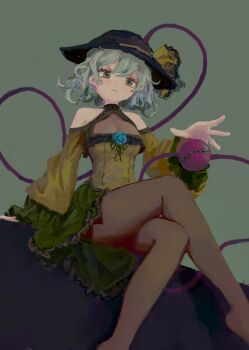 1girl adapted_costume bare_shoulders blue_flower blue_rose breasts commentary crossed_legs expressionless flower frills green_background green_eyes green_hair green_skirt hand_up hat highres komeiji_koishi long_sleeves medium_hair off-shoulder_shirt off_shoulder pantyhose reddizen rose see-through_cleavage see-through_clothes shirt sitting skirt small_breasts solo third_eye touhou wavy_hair yellow_shirt