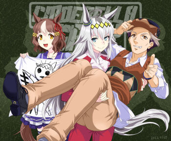 1boy 2girls adjusting_clothes adjusting_headwear ahoge animal_ears bed_sheet belno_light_(umamusume) black_shoes blue_eyes bow brown_hair brown_hat brown_pants brown_sweater_vest closed_mouth collared_shirt commentary copyright_name ear_ornament ear_ribbon flat_cap frilled_skirt frills grey_hair hair_ornament hat highres holding holding_sheet horse_ears horse_girl horse_tail jacket kitahara_jou letter_hair_ornament long_hair long_sleeves looking_at_viewer medium_skirt multicolored_hair multiple_girls oguri_cap_(umamusume) open_mouth pants pleated_skirt purple_sailor_collar purple_shirt purple_skirt purple_thighhighs red_jacket red_pants red_ribbon reverse_princess_carry ribbon sailor_collar school_uniform serafuku shirt shoes short_hair skirt smile standing sweater_vest tail text_background thighhighs tracen_school_uniform tracen_training_uniform track_jacket two-tone_hair umajiri_gyuunyuu umamusume umamusume:_cinderella_gray untucked_shirt white_hair white_shirt yellow_eyes