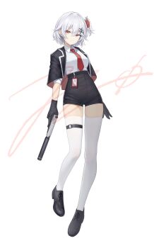 1girl absurdres breasts capelet flower gloves grey_gloves grey_hair gun hair_flower hair_ornament handgun highres jerry_wang looking_at_viewer necktie original pink_eyes red_necktie shirt shoes short_hair shorts skindentation small_breasts solo standing tachi-e tactical_gloves thigh_gap thigh_strap thighhighs weapon weapon_request white_shirt white_thighhighs zettai_ryouiki
