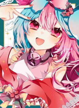 Rule 34 | 1girl, :d, alternate costume, bare shoulders, blue hair, border, bow, bow-shaped hair, capelet, earrings, green border, halter shirt, halterneck, highres, holly, iono (pokemon), jewelry, long hair, looking at viewer, merry christmas, multicolored hair, nintendo, open mouth, pink eyes, pink hair, pokemon, pokemon sv, red capelet, simple background, smile, solo, split-color hair, to camellia, two-tone hair, upper body, v, white background, x (symbol), yellow bow