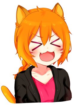 &gt;_&lt; 1girl :3 :d alternate_costume animal_ears black_jacket blush braid braided_ponytail breasts cat_ears cat_girl closed_eyes collarbone commission commissioner_upload cropped_torso dated_commentary deformed dot_nose facial_mark facing_viewer fang fire_emblem fire_emblem:_radiant_dawn hair_between_eyes highres jacket laguz_(fire_emblem) long_hair long_sleeves lyre_(fire_emblem) nintendo non-web_source open_clothes open_jacket open_mouth orange_hair pink_shirt shirt simple_background small_breasts smile solo takai_seika transparent_background upper_body v-shaped_eyebrows whisker_markings xd