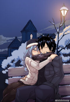 1boy 1girl absurdres artist_name black_coat black_hair black_hat blue_eyes blue_hair blue_pants brown_pantyhose brown_scarf closed_eyes coat commentary fairy_tail feet_out_of_frame fur-trimmed_headwear fur_trim gray_fullbuster hand_in_pocket hand_on_another's_waist hat hetero highres joshdinobarney juvia_lockser lamppost long_hair long_sleeves on_bench pants pantyhose scarf shared_clothes shared_scarf short_hair sitting white_coat winter_clothes