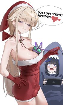 2girls absurdres animal_costume ass barbell_piercing between_breasts black_hair blonde_hair blue_eyes blue_hair breasts bulge choker cleavage collarbone colored_penis covered_erect_nipples covered_testicles dress english_text enid_(tagua) erection erection_under_clothes eyelashes fang from_side futanari gloves grin hair_ribbon hand_on_own_hip hat highres hoshi_(tagua) huge_penis jewelry large_breasts long_hair looking_at_viewer looking_to_the_side multicolored_hair multiple_girls narrowed_eyes naughty_face necklace open_mouth original penis piercing ponytail purple_eyes rectangular_mouth red_gloves red_ribbon ribbon santa_costume santa_dress santa_hat shark_costume short_dress short_hair sidelocks simple_background skin_fang smile speech_bubble tagua teeth testicles thighs very_long_hair white_background white_choker