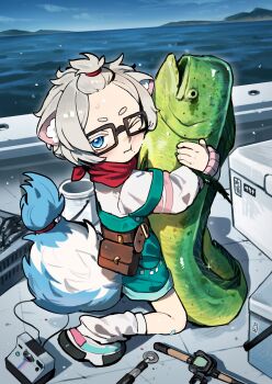 1girl animal animal_ear_fluff animal_ears bangs_pinned_back blue_eyes bucket camera cooler day ferret_ears ferret_girl ferret_tail fish fishing_rod glasses grey_hair highres holding holding_animal holding_fish indie_virtual_youtuber kneeling long_sleeves looking_at_viewer mahi-mahi mole mole_under_mouth one_eye_closed outdoors overall_shorts overalls second-party_source shoes sky socks solo syakunetuu virtual_youtuber water white_socks