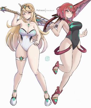 2girls absurdres bare_shoulders black_one-piece_swimsuit blonde_hair blush breasts chascoby chest_jewel cleavage clothing_cutout core_crystal_(xenoblade) cutout_above_navel full_body highres holding holding_sword holding_weapon large_breasts leotard long_hair multiple_girls mythra_(radiant_beach)_(xenoblade) mythra_(xenoblade) one-piece_swimsuit pyra_(pro_swimmer)_(xenoblade) pyra_(xenoblade) red_eyes red_hair red_one-piece_swimsuit short_hair strapless strapless_one-piece_swimsuit swimsuit sword tiara weapon white_leotard white_one-piece_swimsuit xenoblade_chronicles_(series) xenoblade_chronicles_2 yellow_eyes