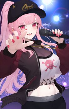 1girl black_hat breasts commentary_request fingernails hat highres holding holding_microphone hololive hololive_english long_hair looking_at_viewer medium_breasts microphone midriff mori_calliope mori_calliope_(streetwear) nail_polish navel open_mouth pink_hair ponytail red_nails shirt solaris_(sinhyg) solo virtual_youtuber white_shirt