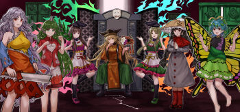 6+girls absurdres ajirogasa antennae apron bamboo bare_shoulders barefoot black_boots black_dress black_hair black_hat black_socks blonde_hair blue_hair blue_sleeves boots bow bowtie braid breasts brown_hair brown_hat butterfly_wings buttons capelet clenched_hands closed_mouth clothes_writing collared_shirt constellation constellation_print cowboy_shot detached_sleeves door dress drum energy eternity_larva everyone frills full_body green_dress green_eyes green_hair green_shoes green_skirt grey_dress grey_hair hair_between_eyes hands_up hashitsuki_nata hat heart heart_print hidden_star_in_four_seasons highres holding holding_weapon horns insect_wings instrument komano_aunn large_breasts leaf leaf_on_head long_earlobes long_hair long_sleeves looking_at_viewer low-braided_long_hair low-tied_long_hair matara_okina medium_breasts multicolored_dress multiple_girls myouga_(plant) nata_(tool) nishida_satono open_mouth orange_dress orange_sleeves orange_tabard own_hands_together pink_dress pink_shoes puffy_short_sleeves puffy_sleeves red_bow red_bowtie red_capelet red_dress red_eyes red_ribbon red_shirt ribbon sakata_nemuno shadow shirt shoes short_hair_with_long_locks short_sleeves shorts sitting sitting_on_throne skirt sleeveless sleeveless_dress smile snow_on_headwear socks spread_legs standing standing_on_one_leg tabard tassel teeth teireida_mai tentaizukan touhou tsuzumi twin_braids two-tone_dress wavy_hair weapon white_apron white_shirt white_shorts wide_sleeves wings yatadera_narumi yellow_bow yellow_bowtie yellow_dress yellow_eyes yellow_ribbon