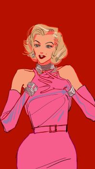 1girl absurdres bare_shoulders blonde_hair bracelet dress earrings elbow_gloves gentlemen_prefer_blondes gloves hashtag-only_commentary highres jewelry looking_to_the_side marilyn_monroe medium_hair mole necklace nuomilier pink_dress pink_gloves real_life red_background red_lips simple_background solo