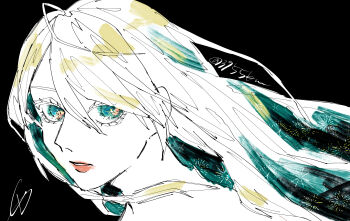 1girl 3755km absurdres close-up commentary_request fate/grand_order fate_(series) green_eyes green_hair highres kukulkan_(fate) long_hair looking_at_viewer solo sparkling_eyes white_hair