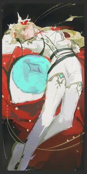 1girl aia_amare aia_amare_(3rd_costume) aqua_eyes belt black_belt black_border blonde_hair boots border disembodied_eye expressionless eyeball feathered_wings feet_out_of_frame flower flower_on_chest glasses gloves hair_flower hair_ornament head_wings jacket long_hair lying multiple_belts neck_ribbon nijisanji nijisanji_en on_back pants red_flower red_ribbon ribbon shooting_star sketch solo thigh_boots virtual_youtuber white_boots white_gloves white_jacket white_pants white_wings wings yuigacyako