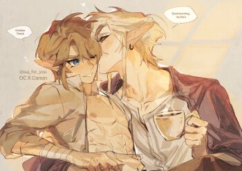 2boys absurdres artist_name bare_pectorals bite_mark blonde_hair blue_eyes blush coffee coffee_mug commentary couple cup english_text happy hickey highres holding hug implied_yaoi isa-415810 kiss kissing_cheek korean_commentary link mug multiple_boys nintendo oc_x_canon pectorals pointy_ears shirt simple_background smile speech_bubble the_legend_of_zelda the_legend_of_zelda:_twilight_princess topless_male untranslatable_commentary yaoi