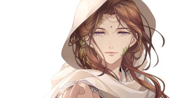 1boy bindi brown_hair close-up closed_mouth commentary_request facial_mark forehead_mark gem hair_ornament highres hood hood_up looking_at_viewer male_focus parted_bangs purple_eyes scarf shi_er_xian simple_background smile solo white_background