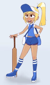 1girl absurdres bag bike_shorts bike_shorts_under_shorts black_bike_shorts black_eyes blonde_hair blue_shoes blue_shorts blue_socks blue_vest cleats cricket_bat disney grey_background hand_on_own_hip hat highres holding kneehighs long_hair navel open_mouth ponytail quinby_(the_ghost_and_molly_mcgee) rukisan(pixiv) shirt shoes short_sleeves shorts smile sneakers socks standing tan teeth the_ghost_and_molly_mcgee vest visor_cap white_hat white_shirt