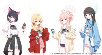 4girls after-school_sweets_club_(blue_archive) ahoge airi_(band)_(blue_archive) airi_(blue_archive) animal_ears bag belt black_hair blonde_hair blue_archive cat_ears cat_girl closed_mouth halo highres holding holding_milk_carton holding_phone jacket kazusa_(blue_archive) long_hair long_sleeves looking_at_viewer milk_carton misyune multiple_girls natsu_(blue_archive) official_alternate_costume official_alternate_hairstyle official_art open_clothes open_jacket phone pink_hair pleated_skirt shirt short_hair short_sleeves shoulder_bag simple_background skirt smile thigh_belt thigh_strap white_background white_shirt yoshimi_(blue_archive)