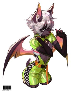 1boy absurdres animal_ears bat_boy bat_ears belt closed_mouth earrings furry furry_male grey_hair hands_up highres jewelry looking_at_viewer male_focus nipple_piercing original piercing pita-potato simple_background snout solo trap white_background wings