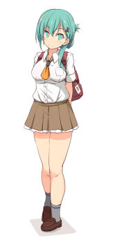 1girl alternate_hairstyle ankle_socks aqua_eyes aqua_hair ascot backpack bag blush breasts brown_shoes brown_skirt collared_shirt commentary_request dress folded_ponytail frilled_skirt frills full_body grey_socks hair_between_eyes hair_ornament hairclip highres kantai_collection kugui_kiyunemu loafers looking_at_viewer medium_breasts miniskirt orange_ascot pleated_skirt school_bag shirt shoes short_sleeves sidelocks simple_background skirt sleeveless sleeveless_dress smile socks solo standing suzuya_(kancolle) white_background white_shirt