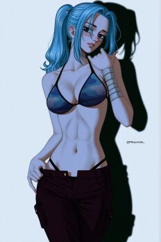 1girl abs ai-assisted artist_name bandaged_arm bandages bikini black_eyes black_pants blue_hair blue_theme blush breasts cleavage clothes_pull collarbone cowboy_shot crossed_legs dim_lighting drop_shadow film_grain fingernails hand_on_own_shoulder head_tilt highleg highres long_hair looking_at_viewer medium_breasts nail_polish navel nefertari_vivi no_shirt one_piece open_fly pants pants_pull panty_straps parted_lips pink_nails ponytail print_bikini prixmal shadow simple_background solo standing stomach swimsuit toned toned_female white_background