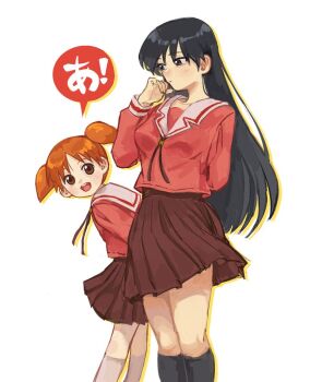 Rule 34 | !, 2girls, :d, a (phrase), azumanga daioh's school uniform, azumanga daiou, black hair, black socks, bnkn62, brown eyes, brown skirt, long hair, mihama chiyo, multiple girls, open mouth, orange hair, pink shirt, sailor collar, sakaki (azumanga daioh), school uniform, shirt, short hair, short twintails, skirt, smile, socks, speech bubble, twintails, white background, white sailor collar, white socks