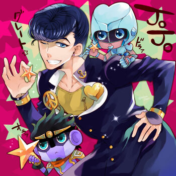 3boys anchor_symbol armor black_hair blue_eyes blue_hair blue_skin chibi colored_skin crazy_diamond diamond_wa_kudakenai floating_hair gakuran higashikata_josuke highres jojo_no_kimyou_na_bouken male_focus mikan03260 multiple_boys one_eye_closed pauldrons peace_symbol pompadour purple_skin school_uniform shoulder_armor stand_(jojo) star_ornament star_platinum