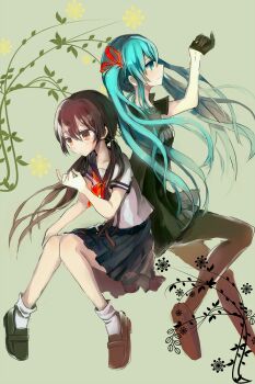 2girls aqua_hair black_dress black_gloves black_pantyhose black_shoes black_skirt brown_eyes commentary_request dress dual_persona full_body gloves green_background hatsune_miku hatsune_miku_(kasha) long_hair looking_afar looking_to_the_side multiple_girls neckerchief pantyhose pleated_skirt profile project_diva_(series) red_neckerchief sakusakumonoka school_uniform serafuku shirt shoes skirt socks twintails vocaloid white_shirt white_socks yubikiri_(vocaloid)