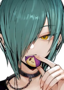 1boy 2n5 :3 androgynous aqua_hair character-themed_food collar earrings eating hair_over_one_eye highres iriya-kun jewelry male_focus mikel-kun original short_hair simple_background solo teeth upper_teeth_only yellow_eyes