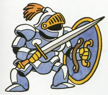 Rule 34 | armor, asymmetrical dual wielding, creature, creature focus, dragon quest, dual wielding, full body, grey armor, holding, holding shield, holding sword, holding weapon, no humans, official art, plume, restless armour, scan, shield, sword, third-party source, toriyama akira, weapon, white background