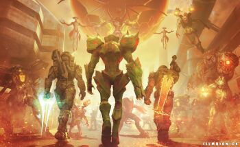 1girl absurdres artist_request back cacodemon crossover crucible_(doom) doom_(series) doom_eternal doomguy halo_(series) halo_infinite highres imp_(doom) master_chief metroid metroid_dread metroid_prime_4:_beyond metroid_suit monster multiple_boys multiple_crossover nintendo power_suit_(metroid) praetor_suit revenant_(doom) ridley samus_aran space_marine sword sylux_(metroid) weapon