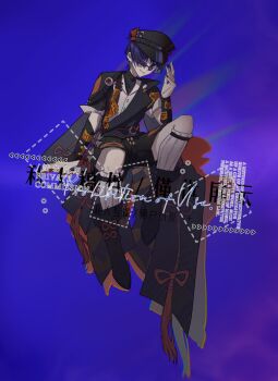 Rule 34 | 1boy, alternate costume, alternate universe, black boots, black jacket, black nails, black shorts, blue background, blue hair, boots, chinese commentary, commission, elbow rest, eyeball, full body, genshin impact, gradient background, gradient hair, hair between eyes, hand up, hat, head tilt, highres, image sample, invisible chair, jacket, japanese clothes, knee up, layered clothes, leaning to the side, lofter sample, looking to the side, momogourami, multicolored hair, parted lips, purple eyes, round eyewear, scaramouche (genshin impact), second-party source, shade, shikigami, short hair, short sleeves, shorts, sitting, smirk, solo, sunglasses, teeth, wanderer (genshin impact), watermark